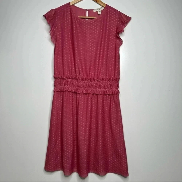 Ella Moon Mauve Pink Swiss Dot Overlay Smocked Ruffle Waist Dress Size Medium - Picture 3 of 12